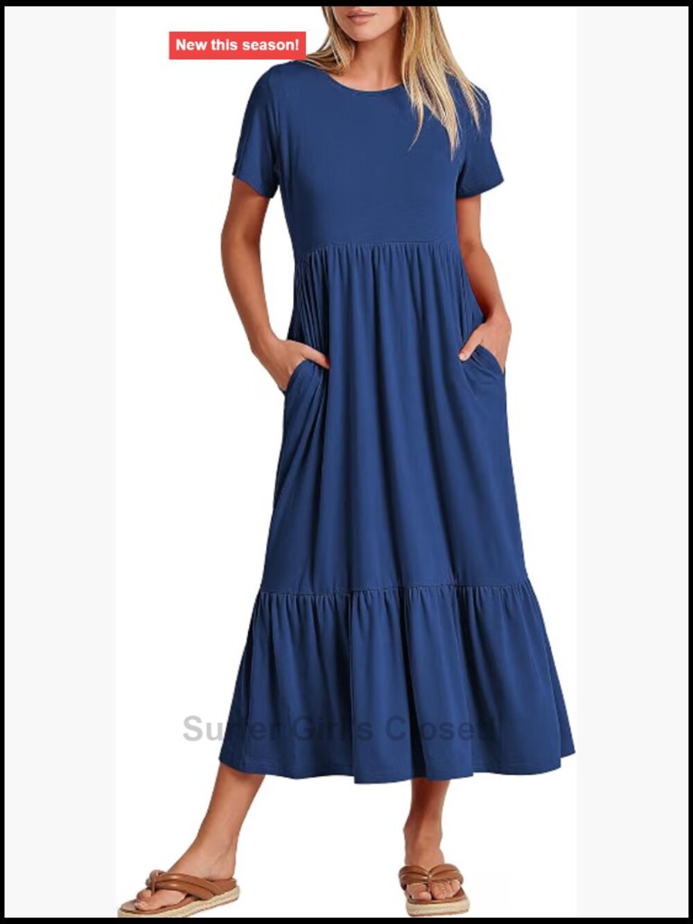 Casual Short Sleeve Maxi Dress with Pockets, Lightweight Stretchy